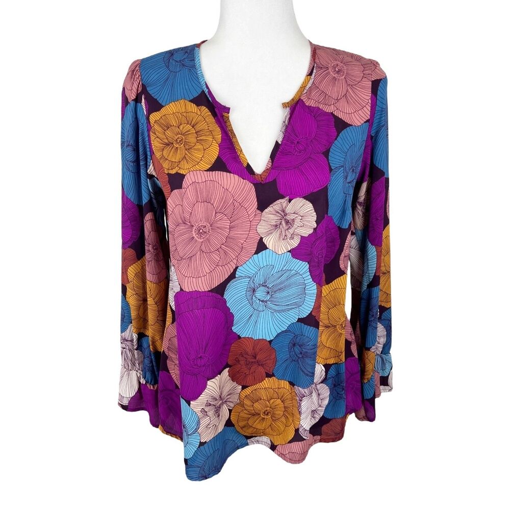 Renee C Blouse Women Small Purple Pink Floral All Over Print Long Sleeve Casual